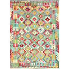 Load image into Gallery viewer, 6&#39;7&quot;x9&#39;9&quot; Colorful, Extra Soft Wool, Hand Woven, Flat Weave, Afghan Kilim with Geometric Patterns, Natural Dyes, Reversible, Oriental Rug FWR514230