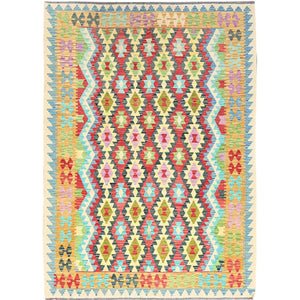 6'9"x9'7" Colorful, Afghan Kilim with Geometric Pattern, Flat Weave, Natural Dyes, Natural Wool, Hand Woven, Oriental Rug FWR514302