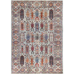 6'x8'6" Chrome Gray, Densely Woven, Organic Wool, Hand Knotted, Afghan Super Kazak with Geometric Repetitive Tree Design, Natural Dyes, Oriental Rug FWR514686