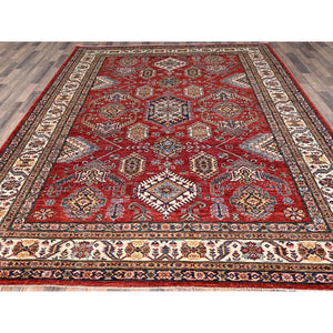 8'1"x10'6" Rich Red, Dense Weave, Vegetable Dyes, 100% Wool, Afghan Super Kazak with Geometric Elements, Hand Knotted, Oriental Rug FWR514710