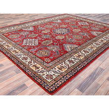 Load image into Gallery viewer, 8&#39;1&quot;x10&#39;6&quot; Rich Red, Dense Weave, Vegetable Dyes, 100% Wool, Afghan Super Kazak with Geometric Elements, Hand Knotted, Oriental Rug FWR514710