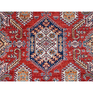 8'1"x10'6" Rich Red, Dense Weave, Vegetable Dyes, 100% Wool, Afghan Super Kazak with Geometric Elements, Hand Knotted, Oriental Rug FWR514710