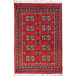 2'1"x3'2" Crimson Red, Princess Bokara with Tribal Medallions, Natural Dyes, Extra Soft Wool, Hand Knotted, Mat Oriental Rug FWR514728