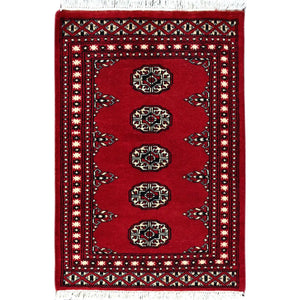 2'1"x3'3" Scarlet Red, Princess Bokara with Geometric Medallions, Vegetable Dyes, Soft Wool, Hand Knotted, Mat Oriental Rug FWR514794