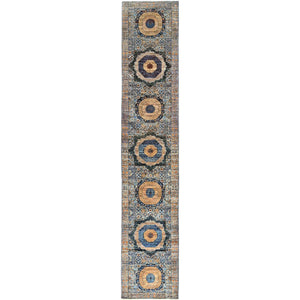 2'6"x13'9" Arctic Blue, 14th Century Mamluk Dynasty Pattern, Extra Soft Wool, Hand Knotted, Vegetable Dyes, 200 KPSI, Runner Oriental Rug FWR515094