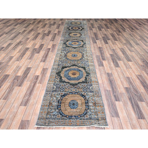 2'6"x13'9" Arctic Blue, 14th Century Mamluk Dynasty Pattern, Extra Soft Wool, Hand Knotted, Vegetable Dyes, 200 KPSI, Runner Oriental Rug FWR515094