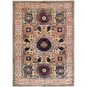 4'1"x5'10" Porcelain White, Vegetable Dyes, Pure Wool, Hand Knotted, 14th Century Mamluk Dynasty Pattern, 200 KPSI, Oriental Rug FWR515142