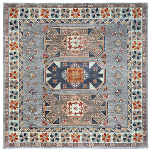 11'10"x11'10" Cloud Gray, Hand Knotted, Armenian Inspired Caucasian Design, 200 KPSI, Natural Dyes, Densely Woven, Soft Wool, Square Oriental Rug FWR515298