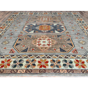 11'10"x11'10" Cloud Gray, Hand Knotted, Armenian Inspired Caucasian Design, 200 KPSI, Natural Dyes, Densely Woven, Soft Wool, Square Oriental Rug FWR515298
