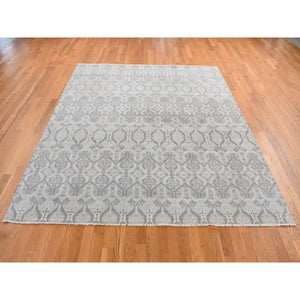 8'1"x9'3" Goose Gray, Ikat Silver Wash Tribal Borderless Geometric Motifs, Pure Wool, Hand Knotted, Oriental Rug FWR522048