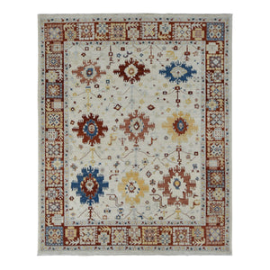 7'9"x9'9" Parchment White, Peshawar with Large Elements Mahal Design, Hand Knotted, Pure Wool, Oriental Rug FWR522060