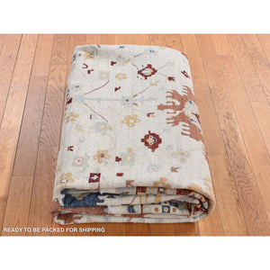 7'9"x9'9" Parchment White, Peshawar with Large Elements Mahal Design, Hand Knotted, Pure Wool, Oriental Rug FWR522060