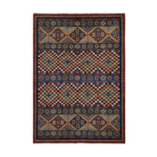 Load image into Gallery viewer, 5&#39;7&quot;x8&#39; Sacramento Green with Chocolate Brown, Super Kazak Khorjin Checkerboard Design, Hand Knotted, Pure Wool, Oriental Rug FWR522108