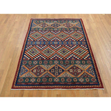 Load image into Gallery viewer, 5&#39;7&quot;x8&#39; Sacramento Green with Chocolate Brown, Super Kazak Khorjin Checkerboard Design, Hand Knotted, Pure Wool, Oriental Rug FWR522108