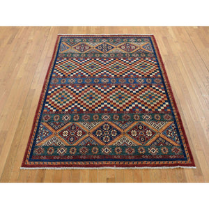5'7"x8' Sacramento Green with Chocolate Brown, Super Kazak Khorjin Checkerboard Design, Hand Knotted, Pure Wool, Oriental Rug FWR522108