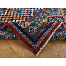 Load image into Gallery viewer, 5&#39;7&quot;x8&#39; Sacramento Green with Chocolate Brown, Super Kazak Khorjin Checkerboard Design, Hand Knotted, Pure Wool, Oriental Rug FWR522108