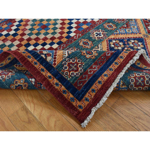 5'7"x8' Sacramento Green with Chocolate Brown, Super Kazak Khorjin Checkerboard Design, Hand Knotted, Pure Wool, Oriental Rug FWR522108
