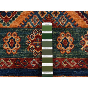 5'7"x8' Sacramento Green with Chocolate Brown, Super Kazak Khorjin Checkerboard Design, Hand Knotted, Pure Wool, Oriental Rug FWR522108