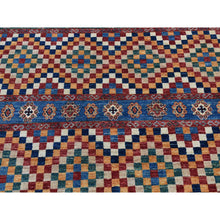 Load image into Gallery viewer, 5&#39;7&quot;x8&#39; Sacramento Green with Chocolate Brown, Super Kazak Khorjin Checkerboard Design, Hand Knotted, Pure Wool, Oriental Rug FWR522108