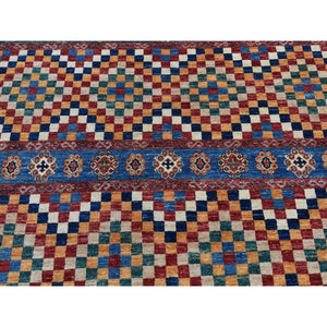 5'7"x8' Sacramento Green with Chocolate Brown, Super Kazak Khorjin Checkerboard Design, Hand Knotted, Pure Wool, Oriental Rug FWR522108