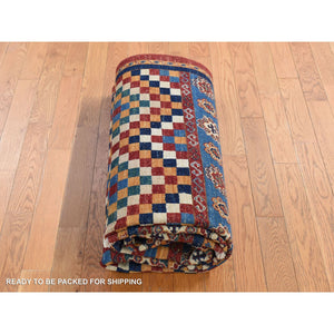5'7"x8' Sacramento Green with Chocolate Brown, Super Kazak Khorjin Checkerboard Design, Hand Knotted, Pure Wool, Oriental Rug FWR522108