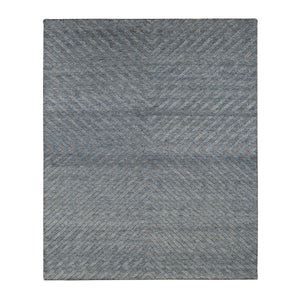 8'x9'9" Queen Blue, Pure Wool, Modern, Geometric Diagonal Line Design, Hand Knotted, Thick and Plush, Oriental Rug FWR522138