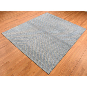 8'x9'9" Queen Blue, Pure Wool, Modern, Geometric Diagonal Line Design, Hand Knotted, Thick and Plush, Oriental Rug FWR522138