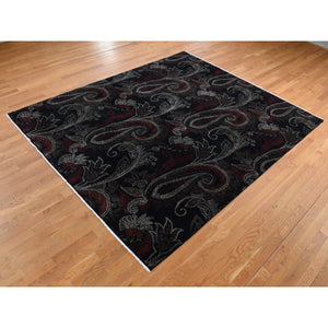 8'1"x10' Neutral Black, Modern Paisley and Flower Mughal Influence Design, Hand Knotted, Pure Wool, Oriental Rug FWR522174