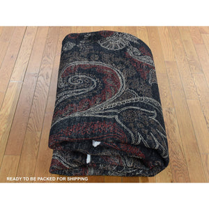 8'1"x10' Neutral Black, Modern Paisley and Flower Mughal Influence Design, Hand Knotted, Pure Wool, Oriental Rug FWR522174