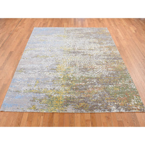 8'1"x10'1" Rice White, Colorful Wool and Pure Silk, Erased Roman Mosaic Design, Hand Knotted, Oriental Rug FWR522282
