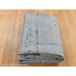 7'10"x10'2" Stone Gray, Pure Silk with Textured Wool, Trellis Garden Design, Hand Knotted, Oriental Rug FWR522360
