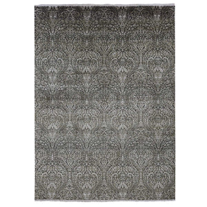 8'8"x12'3" Jet Gray, Hand Knotted, Arts and Crafts with Mughal Influence Design, Tone on Tone, Wool with Real Silk, Oriental Rug FWR522486
