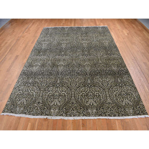 8'8"x12'3" Jet Gray, Hand Knotted, Arts and Crafts with Mughal Influence Design, Tone on Tone, Wool with Real Silk, Oriental Rug FWR522486