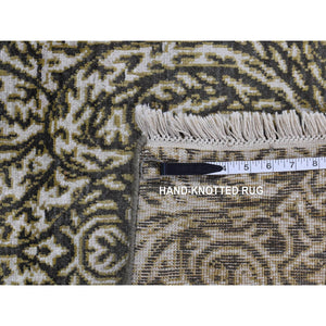 8'8"x12'3" Jet Gray, Hand Knotted, Arts and Crafts with Mughal Influence Design, Tone on Tone, Wool with Real Silk, Oriental Rug FWR522486