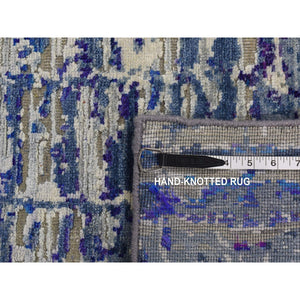 10'2"x13'10" Indigo Color, Diminishing Bricks, Sari Silk, Hand Knotted, Oriental Rug FWR522540