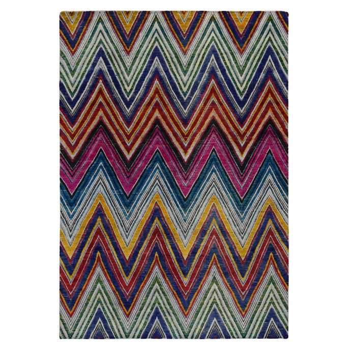 9'x12' French Pink, Colorful Modern Chevron Design, Hand Knotted Sari Silk with Textured Wool, Oriental Rug FWR522594