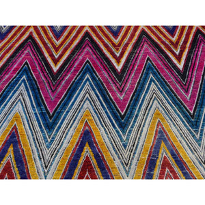 9'x12' French Pink, Colorful Modern Chevron Design, Hand Knotted Sari Silk with Textured Wool, Oriental Rug FWR522594