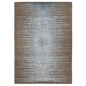 8'1"x11'7" Bistre Brown, THE BLUE SUNBURST, Silk with Textured Wool, Hand Knotted, Oriental Rug FWR522678