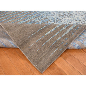 8'1"x11'7" Bistre Brown, THE BLUE SUNBURST, Silk with Textured Wool, Hand Knotted, Oriental Rug FWR522678