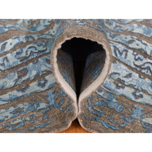 8'1"x11'7" Bistre Brown, THE BLUE SUNBURST, Silk with Textured Wool, Hand Knotted, Oriental Rug FWR522678