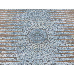 8'1"x11'7" Bistre Brown, THE BLUE SUNBURST, Silk with Textured Wool, Hand Knotted, Oriental Rug FWR522678