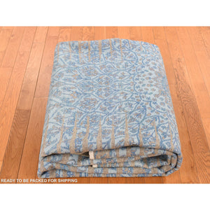 8'1"x11'7" Bistre Brown, THE BLUE SUNBURST, Silk with Textured Wool, Hand Knotted, Oriental Rug FWR522678