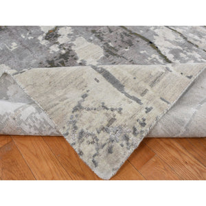 8'10"x12'3" Agreeable Gray, Abstract Dripping Design, Wool and Pure Silk, Hand Knotted, Oriental Rug FWR522684