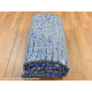 9'x12'2" Yale Blue with Purple, Diminishing Bricks Design, Sari Silk, Hand Knotted, Oriental Rug FWR522708