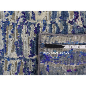 9'x12'2" Yale Blue with Purple, Diminishing Bricks Design, Sari Silk, Hand Knotted, Oriental Rug FWR522708