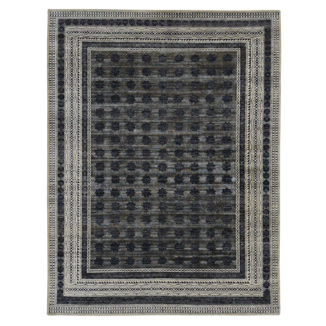 9'x12' Owl Gray, Sheared Low, Distressed Silk, Repetitive Flower Design, Hand Knotted, Oriental Rug FWR522726