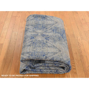 8'9"x12' Sapphire Blue, Distressed Silk with Textured Wool, Erased Rosette Design, Hand Knotted, Oriental Rug FWR522738
