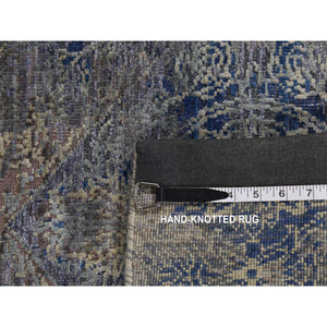 8'9"x12' Sapphire Blue, Distressed Silk with Textured Wool, Erased Rosette Design, Hand Knotted, Oriental Rug FWR522738