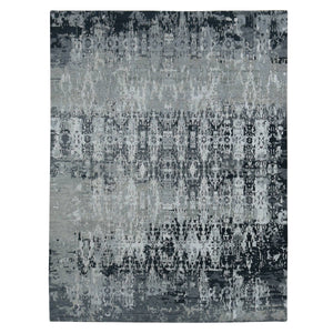 8'10"x11'8" Cloud Gray, Erased and Broken Tribal Design, Wool with Real Silk, Hi-Low Pile, Hand Knotted, Oriental Rug FWR522768