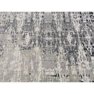 8'10"x11'8" Cloud Gray, Erased and Broken Tribal Design, Wool with Real Silk, Hi-Low Pile, Hand Knotted, Oriental Rug FWR522768